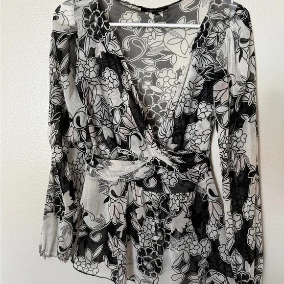 Karen Kane Vintage Y2K Sheer Floral Wrap Blouse Black White S Fairy Grunge - Picture 2 of 6
